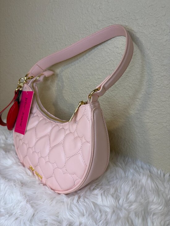 Betsey Johnson Pink Quilted Heart Bag With Gold Chain Straps  Betsey Johnson Pink Heart Quilted Hobo Bag Hot Stuff Chili Charm NWT